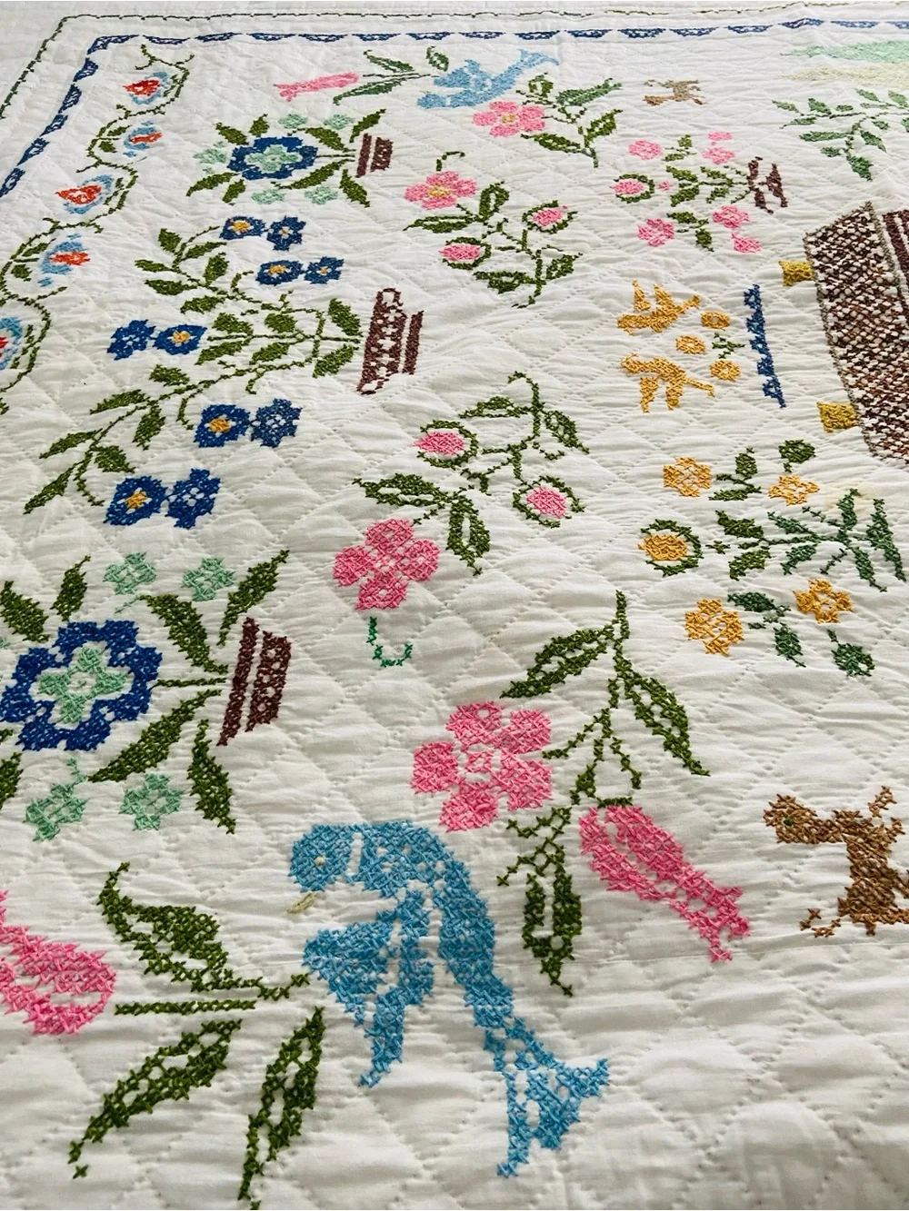 Vintage American Sampler Embroidered Hand Stitched Quilt Cottagecore Decor!